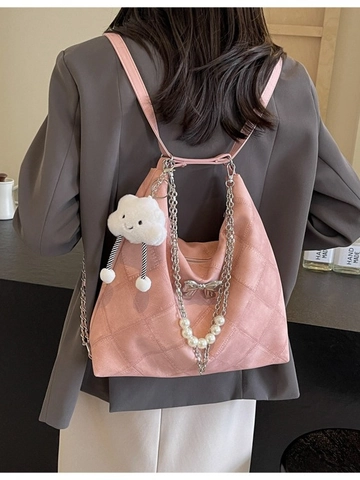 Women Large Capacity Tote Bag Quilted PU Leather Shoulder Bag With Bowknot Pearl Chain And Cloud Charm Korean Style