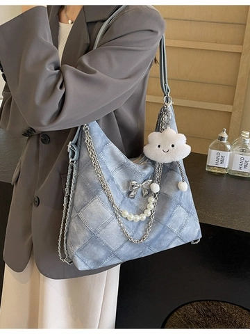 Women Large Capacity Tote Bag Quilted PU Leather Shoulder Bag With Bowknot Pearl Chain And Cloud Charm Korean Style