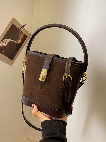 Vintage Wildleder Patchwork Eimertasche Für Damen Retro Kunstleder Handtasche Goldener Drehverschluss Verstellbarer Gurt Tasche
