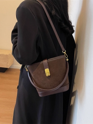 Vintage Wildleder Patchwork Eimertasche Für Damen Retro Kunstleder Handtasche Goldener Drehverschluss Verstellbarer Gurt Tasche