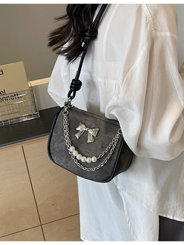 Vintage Women Bow Artificial Pearl Chain Shoulder Bag PU Leather Knotted Strap Underarm Crossbody Bag Elegant Commuting Handbag