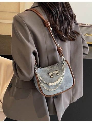 Vintage Women Bow Artificial Pearl Chain Shoulder Bag PU Leather Knotted Strap Underarm Crossbody Bag Elegant Commuting Handbag