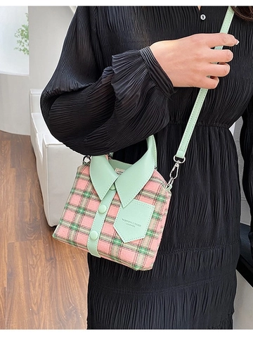 Creatieve Overhemdkraag Ontwerp Dames Crossbody Tas Ruitjes Denim Stof PU Leer Handtas Kleine Vierkante Satchel Stijl