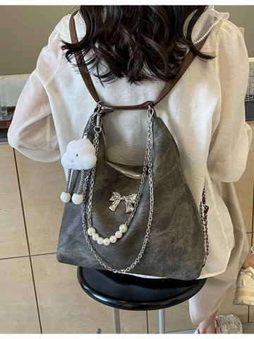 Bolso Tote de Cuero PU Lavado Vintage para Mujer Bolso de Hombro de Gran Capacidad Con Lazo Cadena de Perlas Artificiales y Colgante Nube
