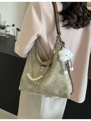 Bolso Tote de Cuero PU Lavado Vintage para Mujer Bolso de Hombro de Gran Capacidad Con Lazo Cadena de Perlas Artificiales y Colgante Nube