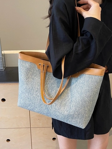 Borsa Tote in Denim Patchwork a Grande Capacità per Donna Borsa a Tracolla in Denim Street Style per Pendolarismo Quotidiano