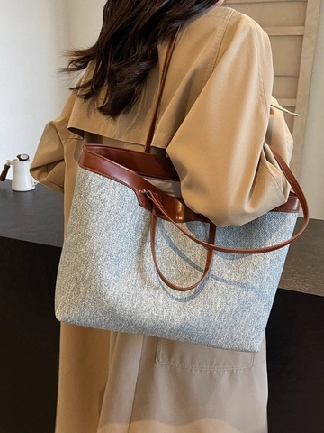 Borsa Tote in Denim Patchwork a Grande Capacità per Donna Borsa a Tracolla in Denim Street Style per Pendolarismo Quotidiano