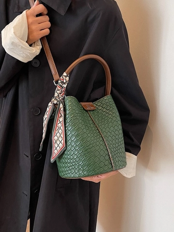 Bolso Bombonera con Patrón Tejido de Moda para Mujer Bolso de Cuero PU con Pañuelo de Satén Correa Ajustable Casual
