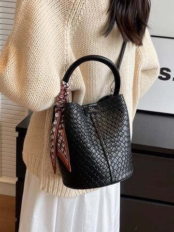 Bolso Bombonera con Patrón Tejido de Moda para Mujer Bolso de Cuero PU con Pañuelo de Satén Correa Ajustable Casual