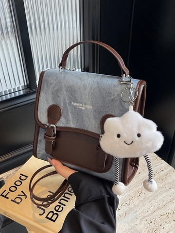 Women Retro Collegiate Contrast Color Backpack PU Leather Denim Stitching Crossbody Bag With Cloud Pendant Casual School Bag
