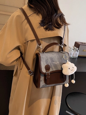 Women Retro Collegiate Contrast Color Backpack PU Leather Denim Stitching Crossbody Bag With Cloud Pendant Casual School Bag