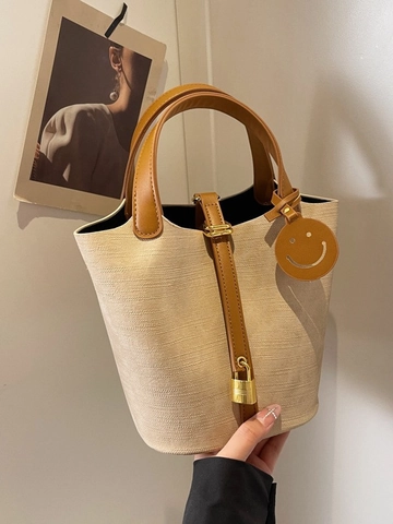 Women Fashion Bucket Bag PU Denim Texture Crossbody Bag With Padlock Smiley Face Charm Vintage Commuting Handbag Shoulder Bag