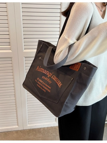 Women Large Capacity Canvas Tote Bag Korean Style Letter Print Shoulder Bag Casual Commuting Handbag Daily Shopper Bag