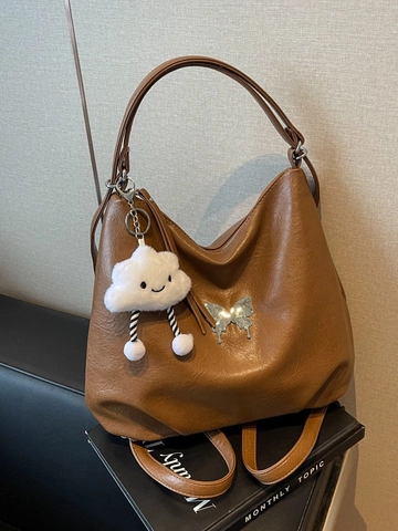 Vintage Große Kapazität PU Leder Doppelnutzung Rucksack Für Damen Schmetterling Dekor Lässige Umhängetasche Mit Wolke Plüsch Anhänger