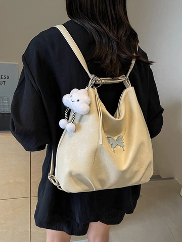 Vintage Große Kapazität PU Leder Doppelnutzung Rucksack Für Damen Schmetterling Dekor Lässige Umhängetasche Mit Wolke Plüsch Anhänger