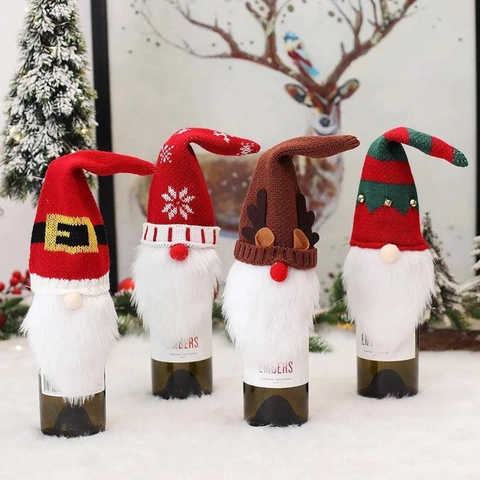 Christmas Gnome Wine Bottle Covers Reindeer Snowflake Belt Striped Knitted Wine Bottle Bag Festive Dining Table Decor Ornament