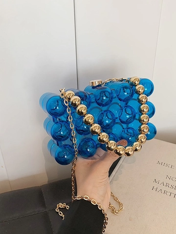 Women Acrylic Bubble 3D Crossbody Bag Fashion Gold Beaded Chain Shoulder Handbag Mini Square Box Evening Bag For Banquet