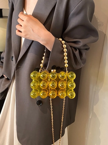 Women Acrylic Bubble 3D Crossbody Bag Fashion Gold Beaded Chain Shoulder Handbag Mini Square Box Evening Bag For Banquet