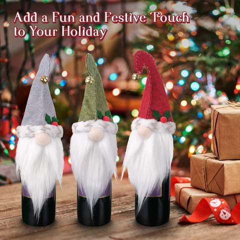 Christmas Wine Bottle Covers Felt Faux Fur Swedish Gnome Tomte With Bell Holly For Holiday Dinner Party Table Decoration