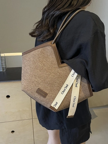Women Large Capacity Denim Tote Bag V-Shape Opening Contrast Color Splicing Shoulder Bag With Decorative Ribbon For Daily Travel Office