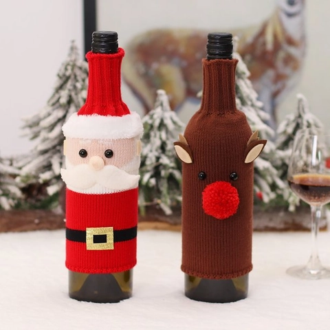 Christmas Knitted Wine Bottle Cover Santa Claus Reindeer Pattern Decoration For Party Table Dinner Decor Gift