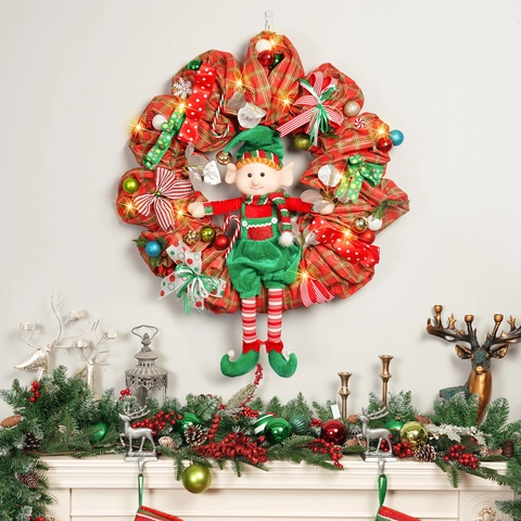 Corona de Navidad Con Luces Patas de Elfo Muñeco Papá Noel Lazos de Cuadros Guirnalda LED Para Puerta Decoración Navideña