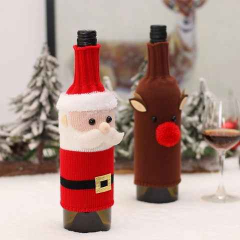 Christmas Knitted Wine Bottle Cover Santa Claus Reindeer Pattern Decoration For Party Table Dinner Decor Gift