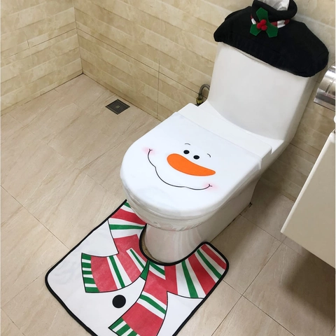 Funda De Asiento De Inodoro De Muñeco De Nieve De Navidad Y Alfombra Y Tapa De Tanque Hogar Baño Decoración Navideña