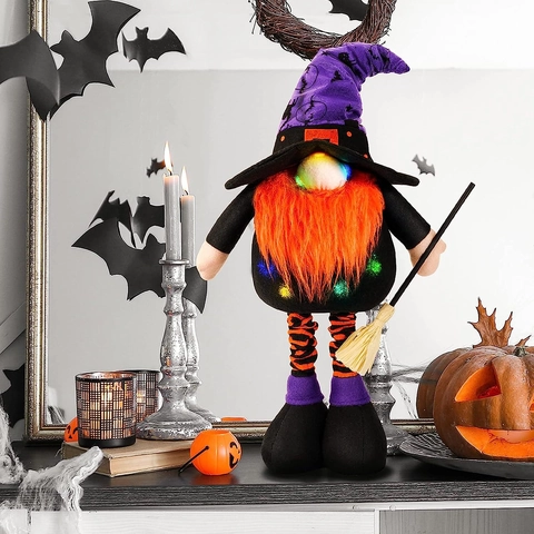 Gnome d'Halloween Lumineux LED Avec Jambes Télescopiques Balai de Sorcière Ornement en Peluche Sans Visage Pour Fête