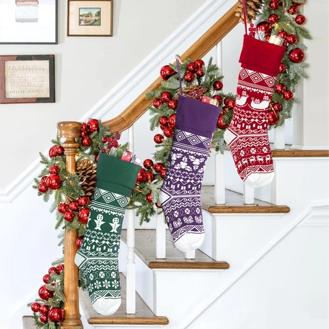 Large Knitted Christmas Stockings Reindeer Snowflake Jacquard Patterns For Holiday Party Home Decor Xmas Fireplace Decorations