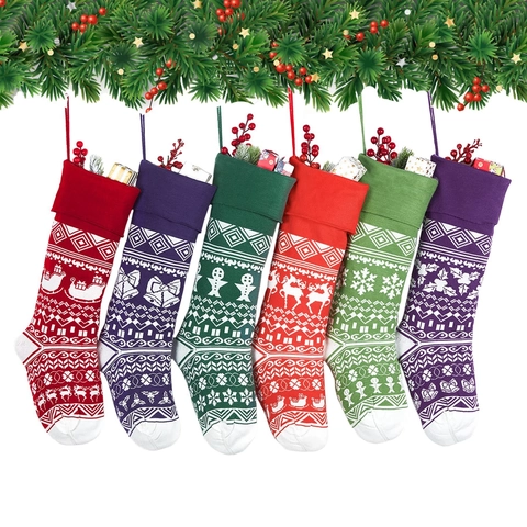 Large Knitted Christmas Stockings Reindeer Snowflake Jacquard Patterns For Holiday Party Home Decor Xmas Fireplace Decorations