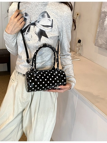 Damen Punktemuster Zylindertasche Französischer Stil Lack-PU-Leder Boston Handtasche Süße Schulter Umhängetasche Verstellbarem Riemen
