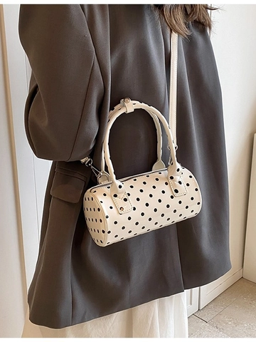 Damen Punktemuster Zylindertasche Französischer Stil Lack-PU-Leder Boston Handtasche Süße Schulter Umhängetasche Verstellbarem Riemen