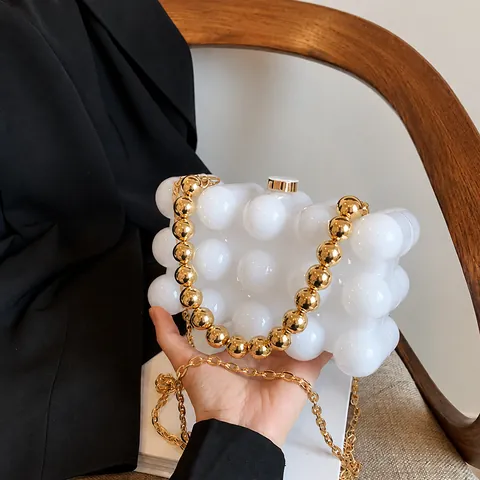 Borsa da Sera in Acrilico a Bolle Moda Donna Stile Francese Onda Perla Artificialta Clutch Con Tracolla a Catena in Metallo Borsa a Tracolla da Festa