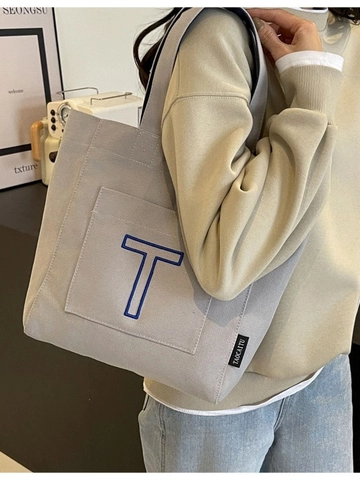 Large Capacity Canvas Tote Bag For Women Letter Embroidery Contrast Color Handle Casual Shoulder Bag Commuter Handbag