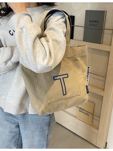 Large Capacity Canvas Tote Bag For Women Letter Embroidery Contrast Color Handle Casual Shoulder Bag Commuter Handbag