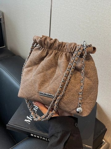 Casual Gesteppte Denim Stoff Beuteltasche Für Damen Vintage Rautenmuster Kordelzug Schultertasche Mit Metall Kettenriemen