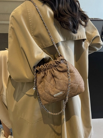 Casual Gesteppte Denim Stoff Beuteltasche Für Damen Vintage Rautenmuster Kordelzug Schultertasche Mit Metall Kettenriemen