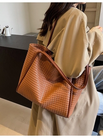 Vintage Woven Large Capacity Tote Bag For Women Retro Soft PU Leather Shoulder Bag Casual Commuting Handbag Solid Color