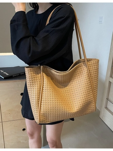 Vintage Woven Large Capacity Tote Bag For Women Retro Soft PU Leather Shoulder Bag Casual Commuting Handbag Solid Color