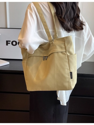 Women's Large Capacity Canvas Tote Bag Minimalist Multi-pocket Shoulder Bag For Commute School Travel Solid Color Fabric Handbag