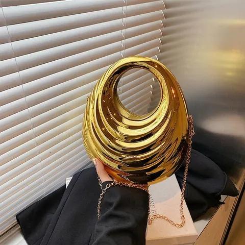 Moderne Wellentextur Acryl Hartschale Abendtasche Für Damen Hohler Griff Metallic Gold Silber Clutch Umhängetasche Kette