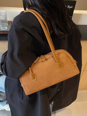Dames Vintage Gematteerd PU Leer Schoudertas Retro Baguette Underarm Tas Met Contrast Stiksels Dubbele Handgreep Tote Tas