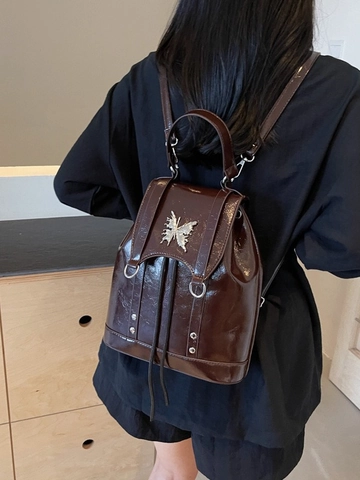 Zaino a Farfalla in Pelle PU Lucida Vintage per Donna Y2K Rivetto Borsa da Viaggio Piccola Elegante Tracolla con Coulisse e Patta