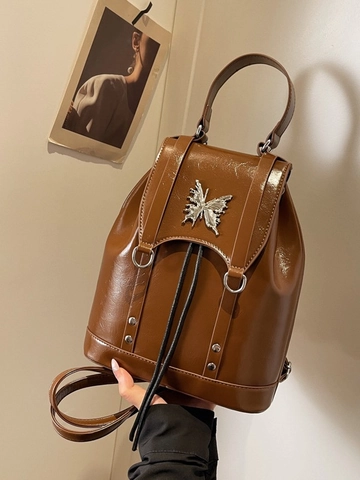 Zaino a Farfalla in Pelle PU Lucida Vintage per Donna Y2K Rivetto Borsa da Viaggio Piccola Elegante Tracolla con Coulisse e Patta