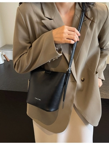Damen Minimalistische PU Leder Eimertasche Mit Verstellbarem Riemen Vintage Mode Buchstaben Druck Schulter Umhängetasche Für Den Alltag