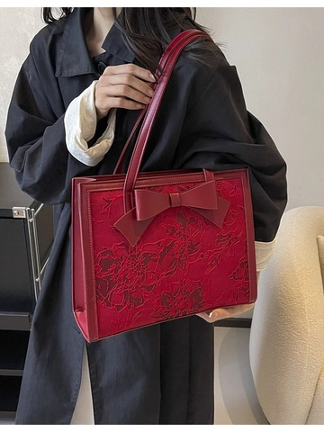 Sac Fourre-tout Femme Jacquard Floral Rouge Avec Grand Nœud Élégant Style Chinois Sac à Épaule pour Mariage Célébration