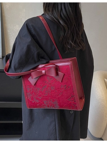 Sac Fourre-tout Femme Jacquard Floral Rouge Avec Grand Nœud Élégant Style Chinois Sac à Épaule pour Mariage Célébration