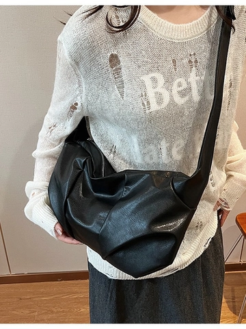 Women Pleated Crossbody Bag Soft PU Leather Capacity Dumpling Hobo Bag Minimalist Knot Strap Shoulder Bag Daily Handbag