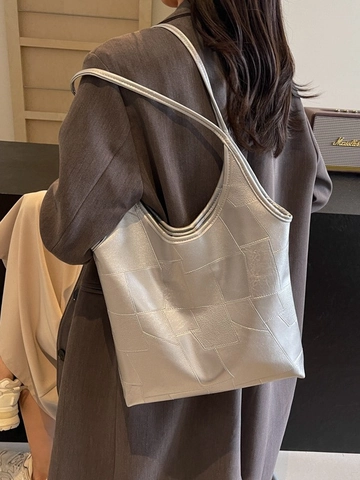 Borsa Tote in Pelle PU a Patchwork Geometrico di Grande Capacità per Donna Moda Retrò Pendolare Borsa a Tracolla Borsa a Mano Con Fibbia Magnetica